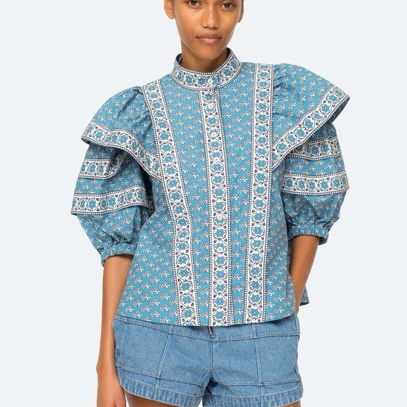 Sea New York Fernanda Blue and White Patterned Blouse - Picture 1 of 5